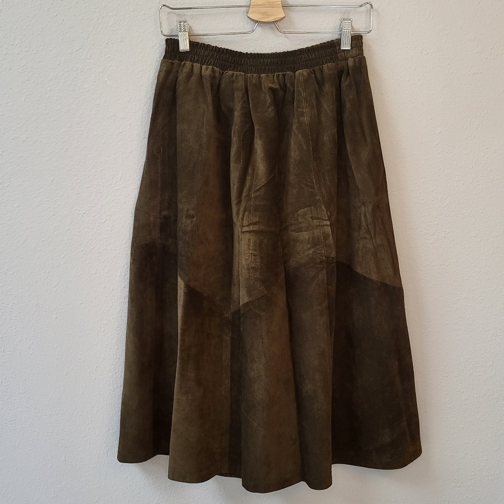 VTG 100% Leather Midi Skirt Fits S/M Gathered Full Two-Tone Solid Brown Western - Picture 3 of 13